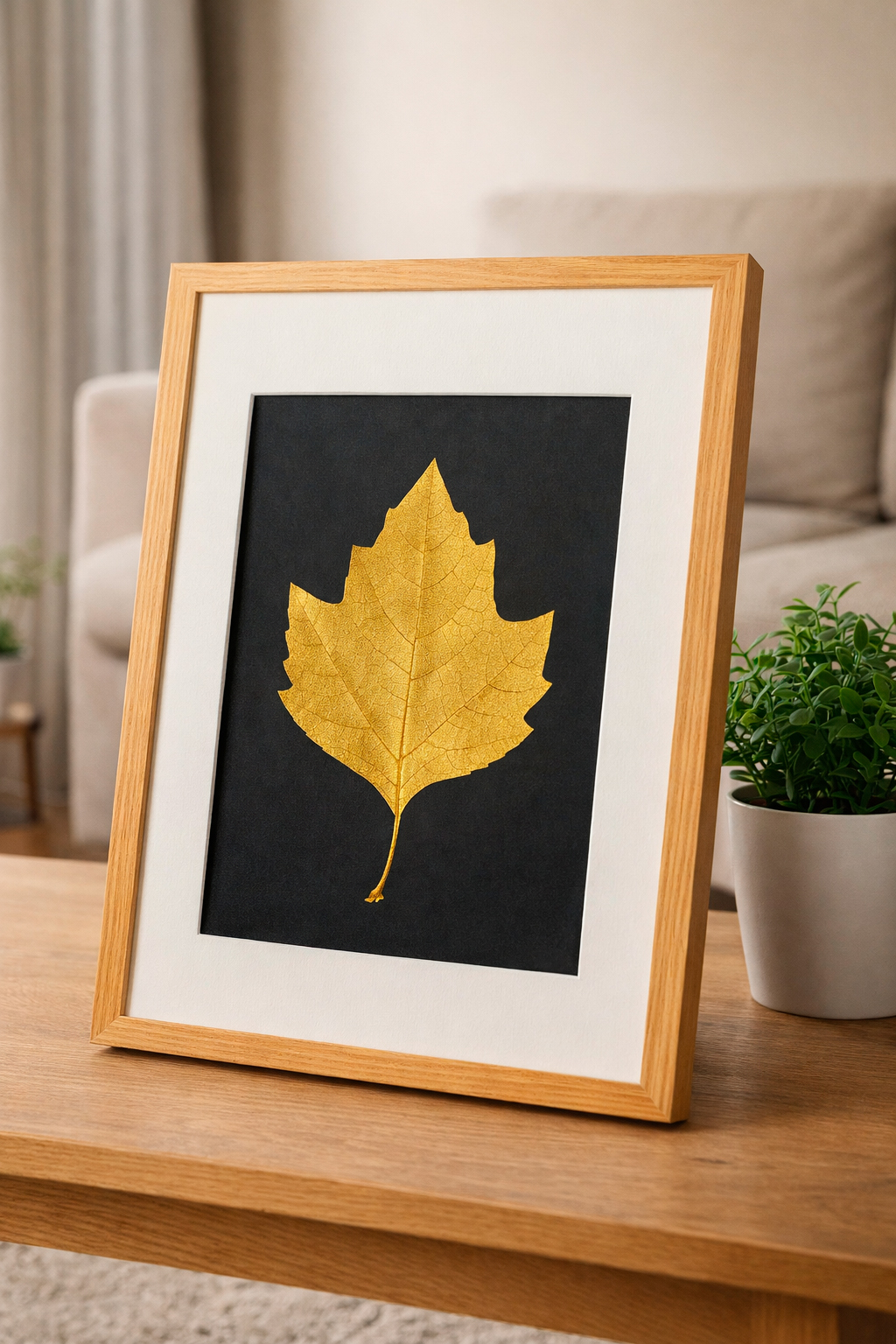 Złoty Liść Platan w Dębowej Ramie 20x30cm