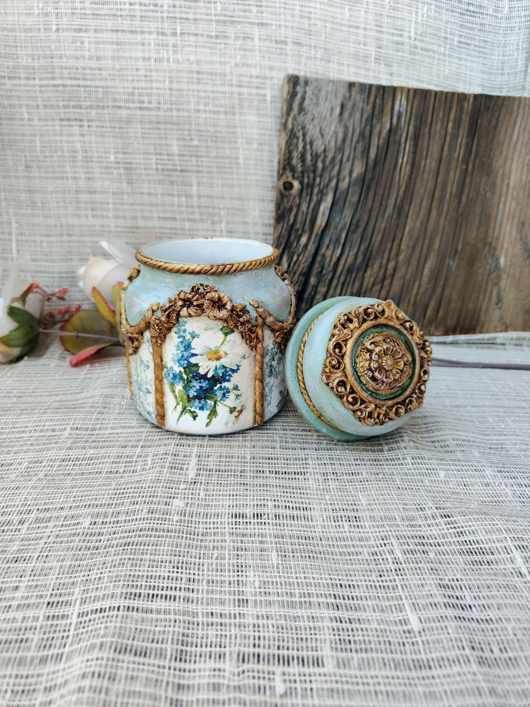 Rustykalny słoik decoupage Błękitna Łąka - zdjęcie 3 z 5