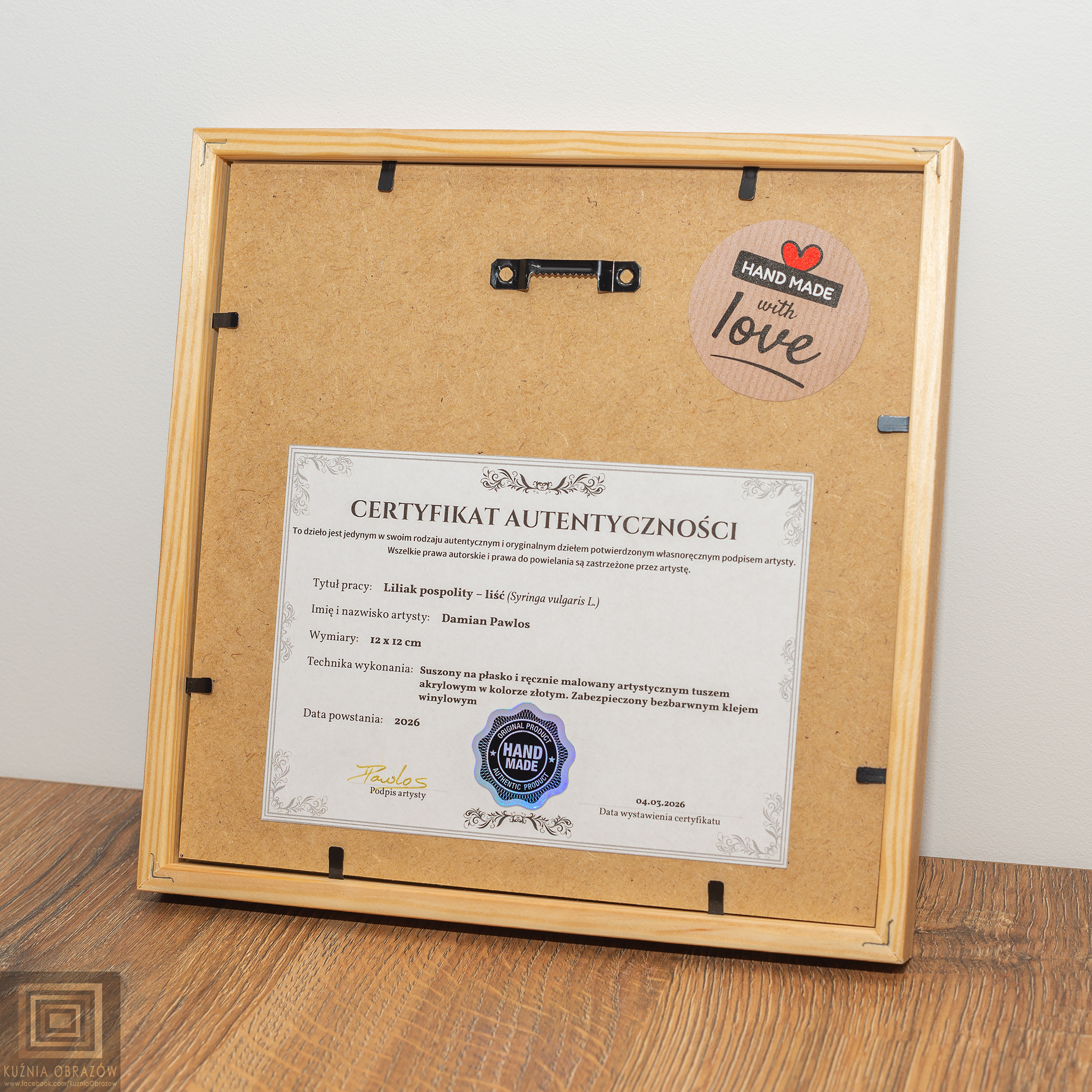 Złoty Liść Bzu w Drewnianej Ramce Dąb 20x20cm - zdjęcie 6 z 7