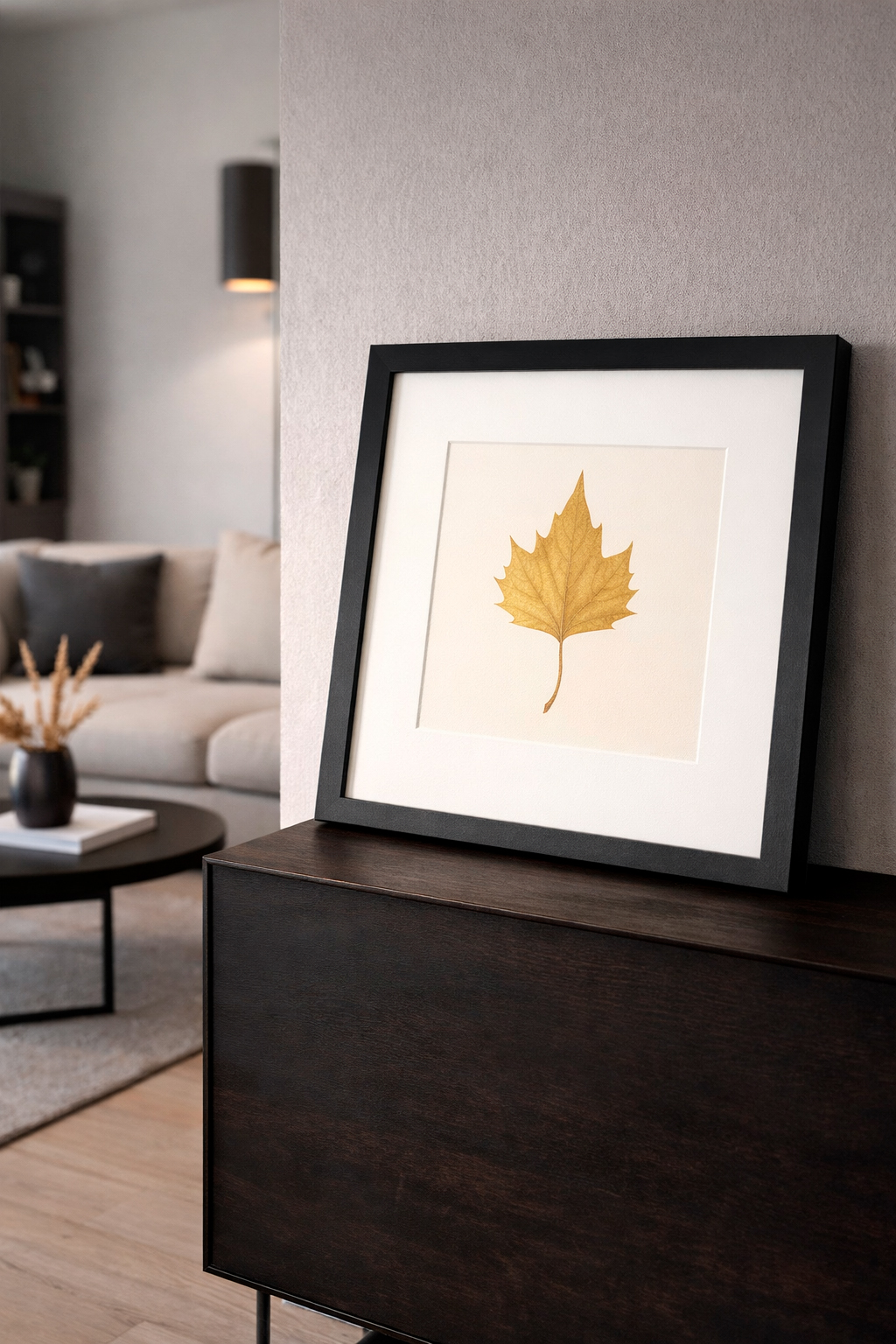 Złoty Liść. Dekor Botaniczny  Platan. Rama 25x25cm