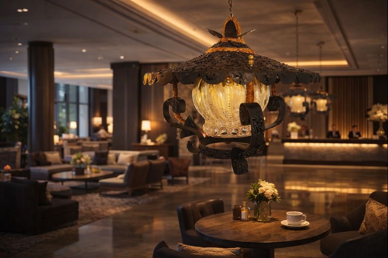 Artystyczna lampa wisząca z metalu i szkła  - zdjęcie 6 z 6