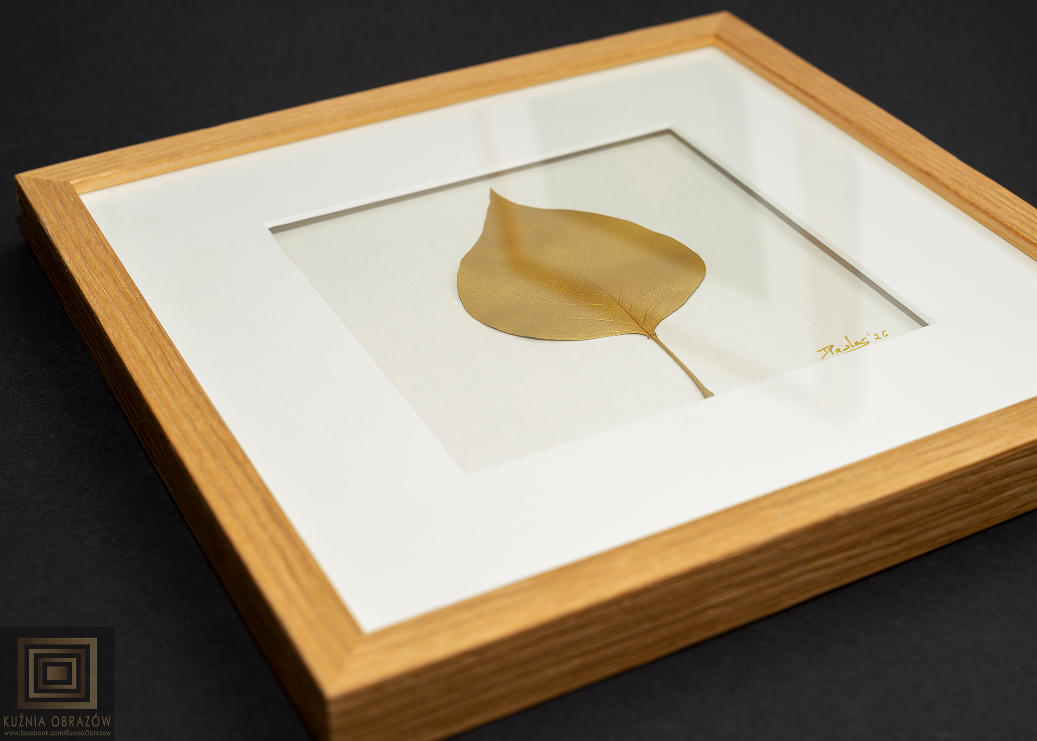 Złoty Liść Bzu w Drewnianej Ramce Dąb 20x20cm - zdjęcie 3 z 7