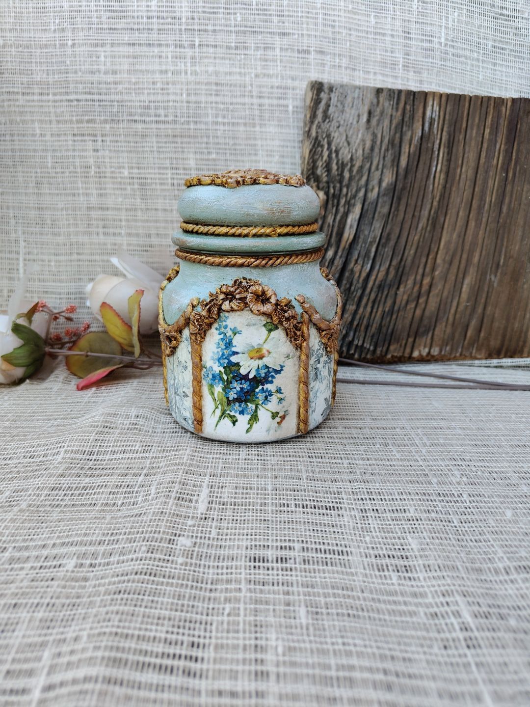 Rustykalny słoik decoupage Błękitna Łąka - zdjęcie 2 z 5