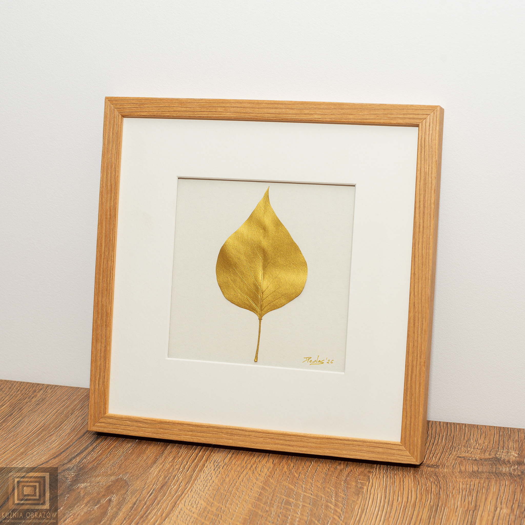 Złoty Liść Bzu w Drewnianej Ramce Dąb 20x20cm - zdjęcie 4 z 7