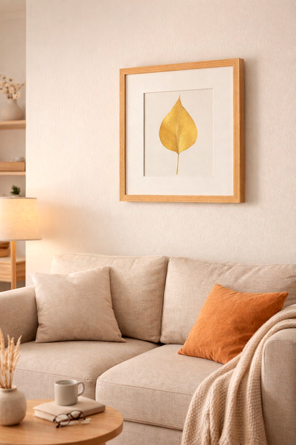 Złoty Liść Bzu w Drewnianej Ramce Dąb 20x20cm