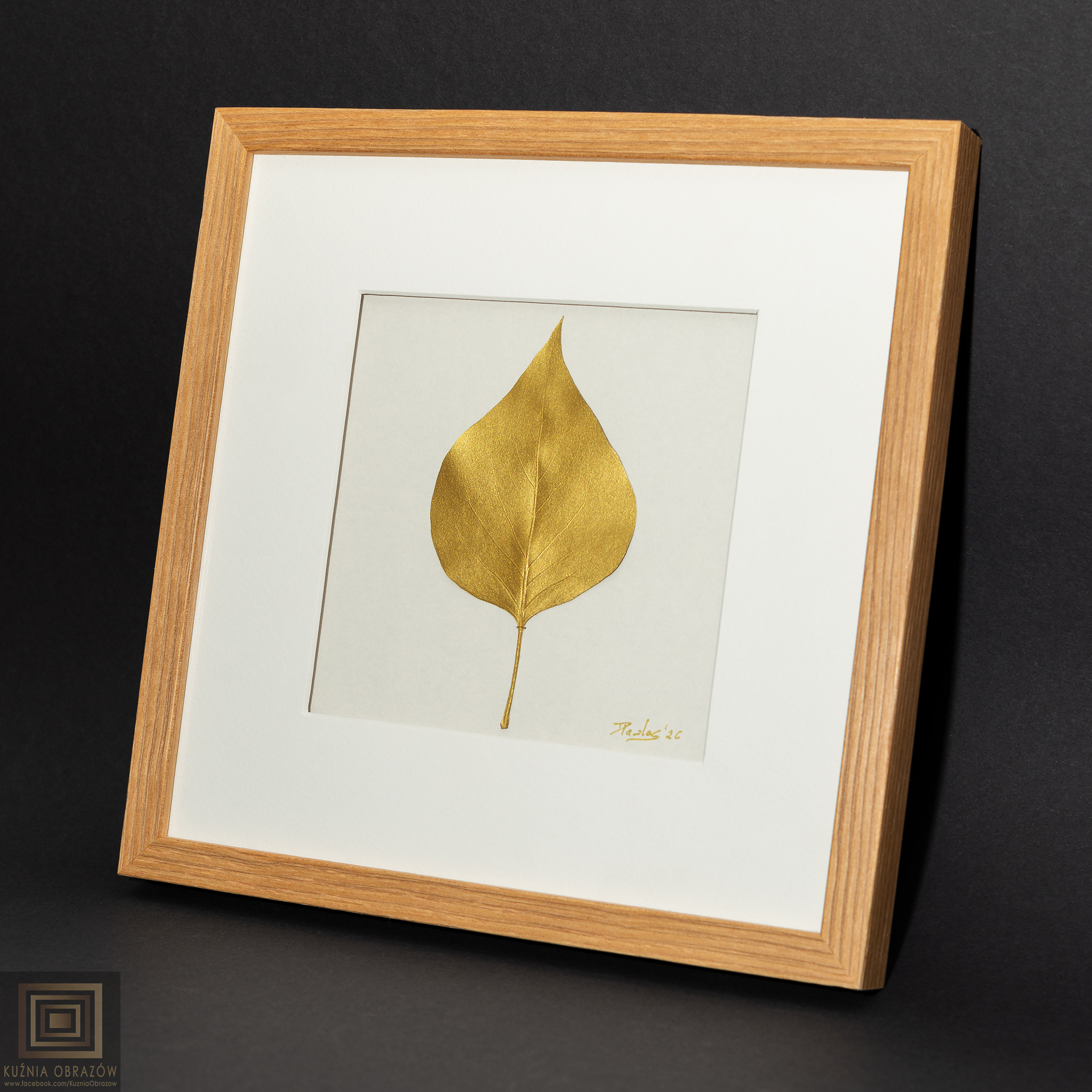 Złoty Liść Bzu w Drewnianej Ramce Dąb 20x20cm - zdjęcie 2 z 7
